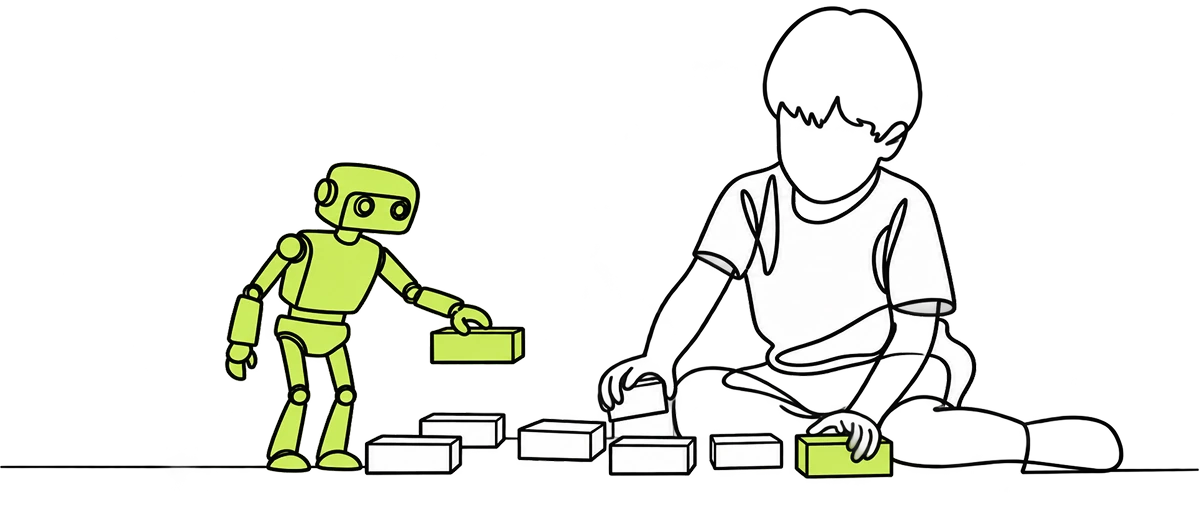 Line drawing of a child and a green robot building with blocks together