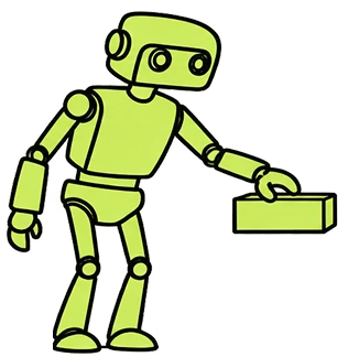 Illustration of a friendly green robot carrying a block